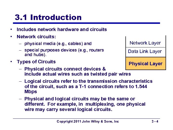 3. 1 Introduction • Includes network hardware and circuits • Network circuits: – physical
