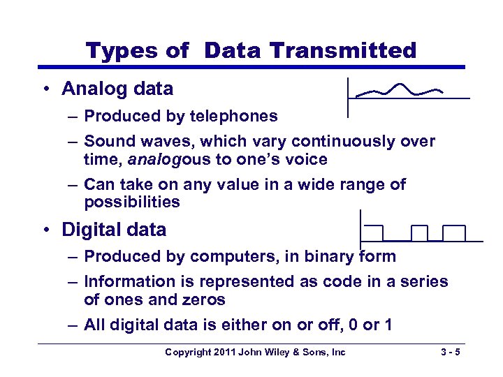 Types of Data Transmitted • Analog data – Produced by telephones – Sound waves,