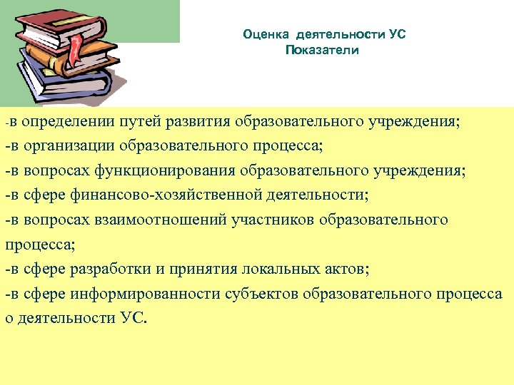 Оценка деятельности УС Показатели -в определении путей развития образовательного учреждения; -в организации образовательного процесса;