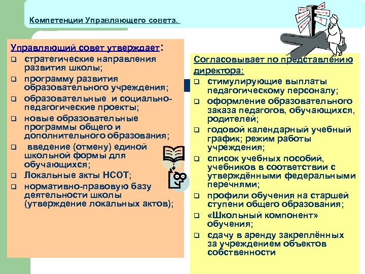 Компетенции Управляющего совета. Управляющий совет утверждает: q стратегические направления развития школы; q программу развития