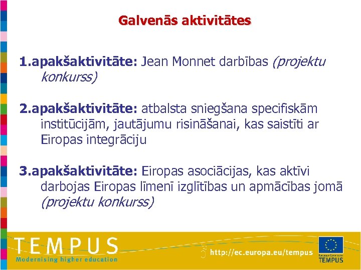 Galvenās aktivitātes 1. apakšaktivitāte: Jean Monnet darbības (projektu konkurss) 2. apakšaktivitāte: atbalsta sniegšana specifiskām