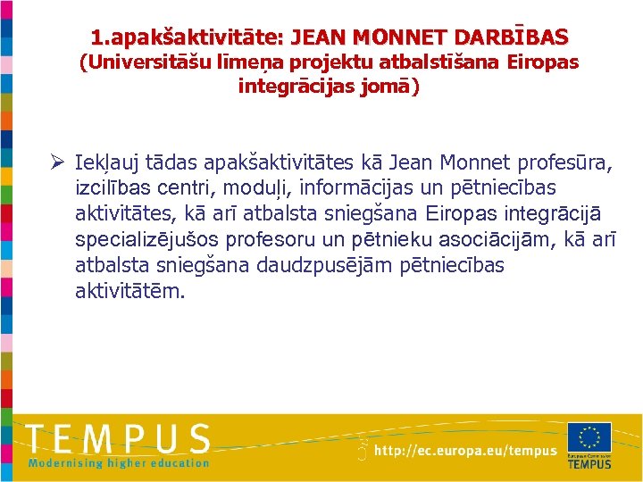 1. apakšaktivitāte: JEAN MONNET DARBĪBAS (Universitāšu līmeņa projektu atbalstīšana Eiropas integrācijas jomā) Ø Iekļauj