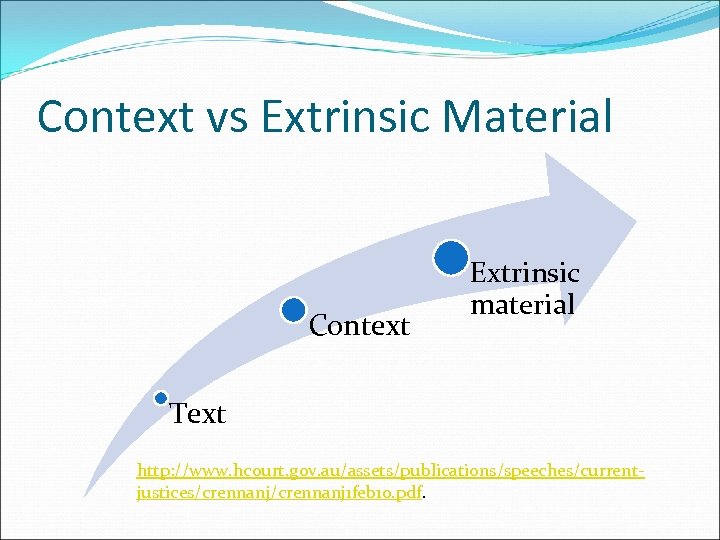 Context vs Extrinsic Material Context Extrinsic material Text http: //www. hcourt. gov. au/assets/publications/speeches/currentjustices/crennanj 1