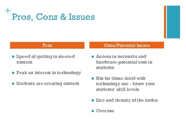 + Pros, Cons & Issues Cons/Potential Issues Pros n Speed of getting to steered