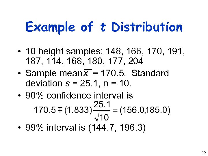 Example of t Distribution • 10 height samples: 148, 166, 170, 191, 187, 114,
