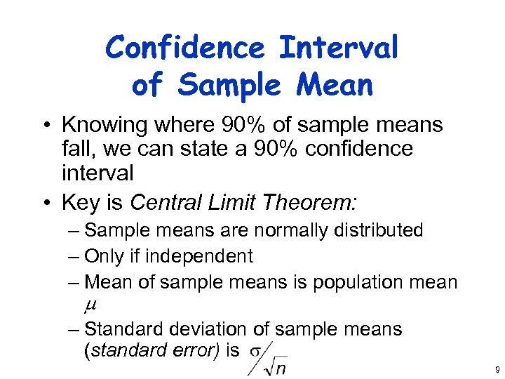 Confidence Interval of Sample Mean • Knowing where 90% of sample means fall, we