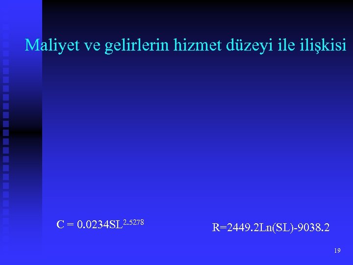 Maliyet ve gelirlerin hizmet düzeyi ile ilişkisi C = 0. 0234 SL 2. 5278