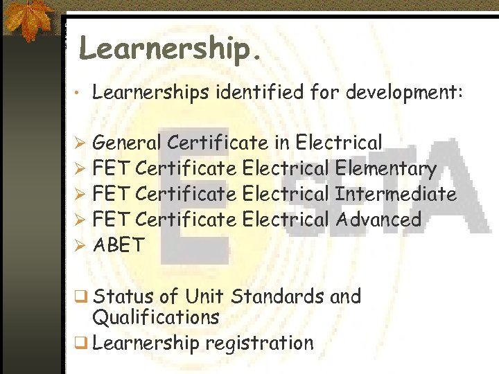 Learnership. • Learnerships identified for development: Ø General Certificate in Electrical Ø FET Certificate