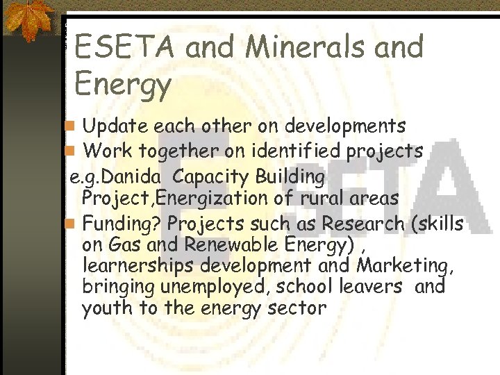 ESETA and Minerals and Energy n Update each other on developments n Work together