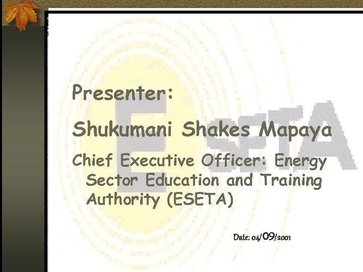 Presenter: Shukumani Shakes Mapaya Chief Executive Officer: Energy Sector Education and Training Authority (ESETA)