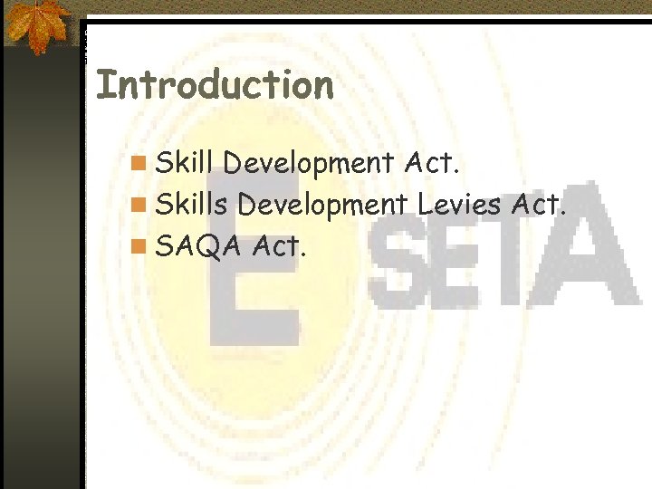 Introduction n Skill Development Act. n Skills Development Levies Act. n SAQA Act. 