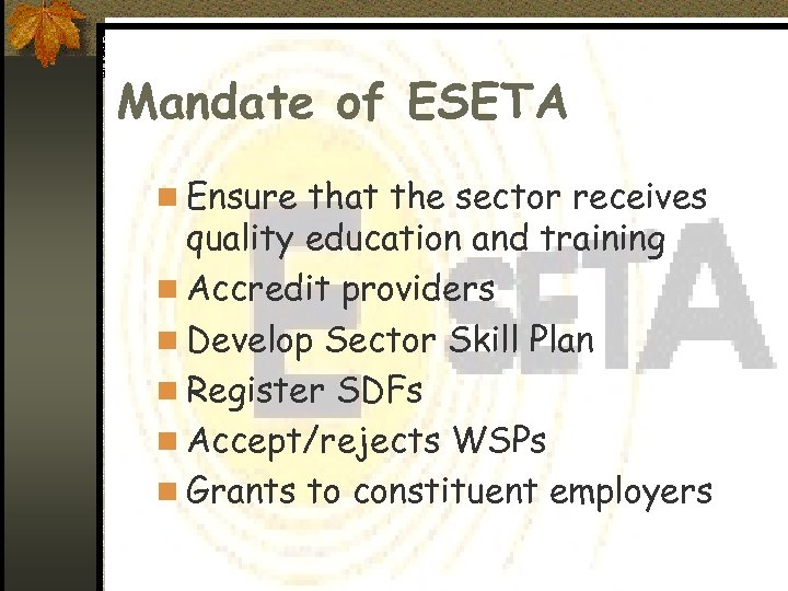 Mandate of ESETA n Ensure that the sector receives quality education and training n