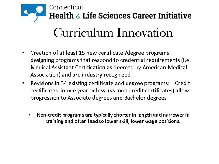 Curriculum Innovation • Creation of at least 15 new certificate /degree programs – designing