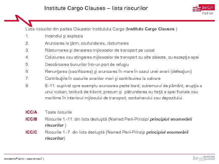 Institute Cargo Clauses – lista riscurilor Lista riscurilor din partea Clauzelor Institutului Cargo (Institute
