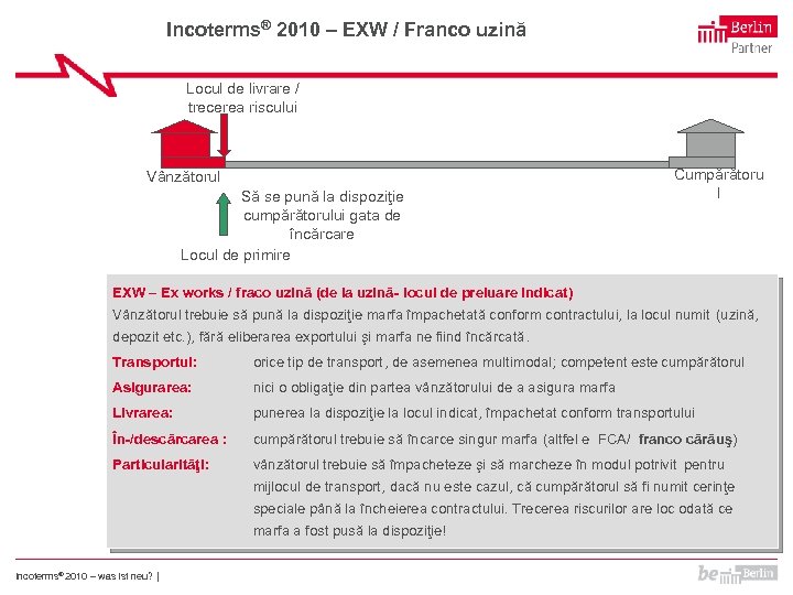 Incoterms® 2010 – EXW / Franco uzină Locul de livrare / trecerea riscului Vânzătorul