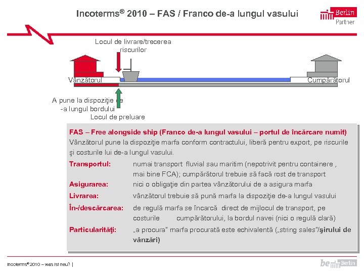 Incoterms® 2010 – FAS / Franco de-a lungul vasului Locul de livrare/trecerea riscurilor Vânzătorul