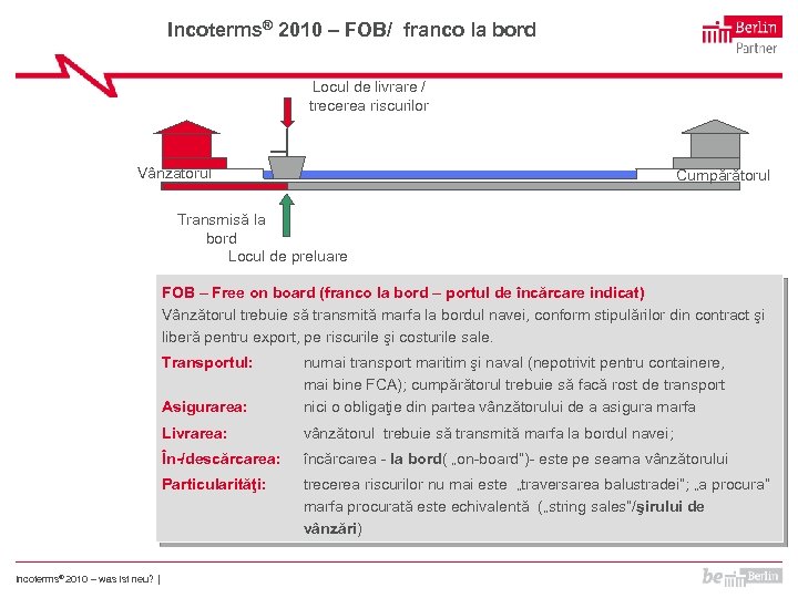 Incoterms® 2010 – FOB/ franco la bord Locul de livrare / trecerea riscurilor Vânzătorul