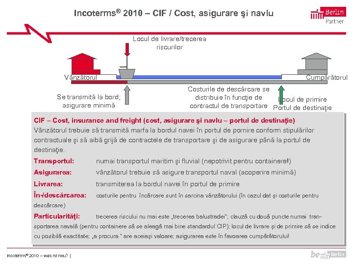 Incoterms® 2010 – CIF / Cost, asigurare şi navlu Locul de livrare/trecerea riscurilor Vânzătorul