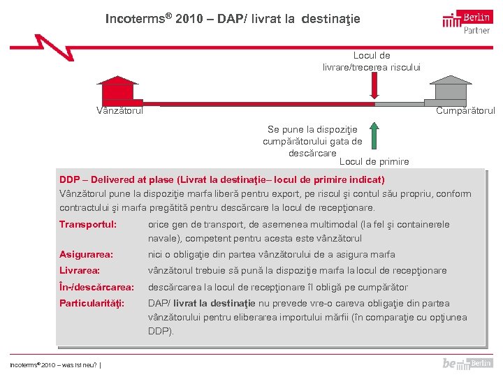 Incoterms® 2010 – DAP/ livrat la destinaţie Locul de livrare/trecerea riscului Vânzătorul Cumpărătorul Se