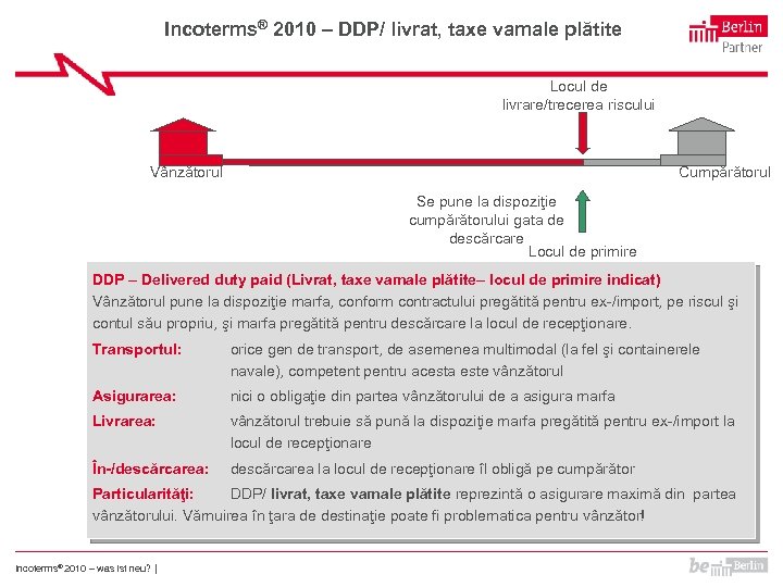 Incoterms® 2010 – DDP/ livrat, taxe vamale plătite Locul de livrare/trecerea riscului Vânzătorul Cumpărătorul