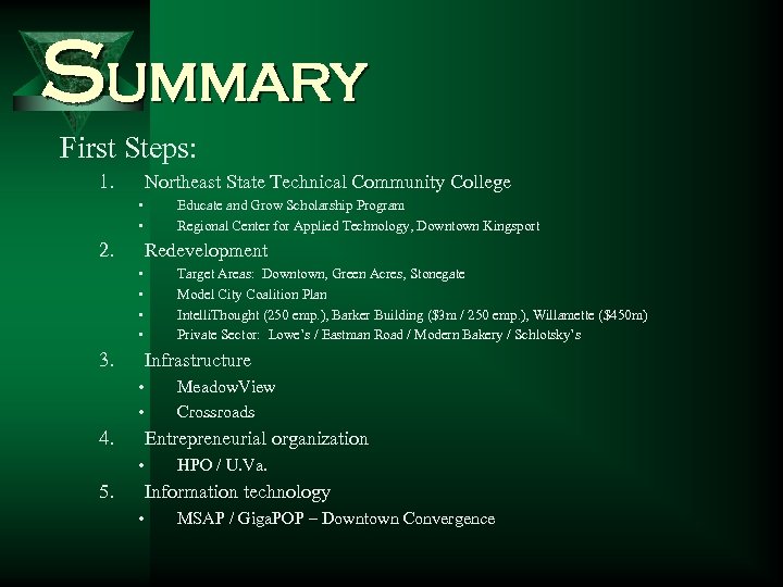 Summary First Steps: 1. Northeast State Technical Community College • • 2. Educate and