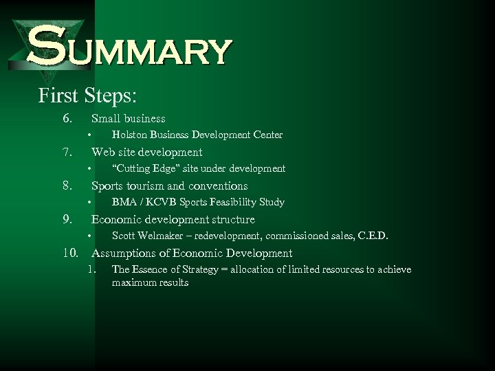 Summary First Steps: 6. Small business • 7. Holston Business Development Center Web site