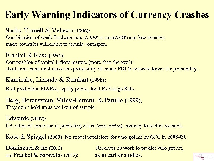Early Warning Indicators of Currency Crashes Sachs, Tornell & Velasco (1996): Combination of weak