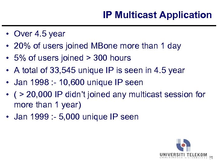 IP Multicast Application • • • Over 4. 5 year 20% of users joined