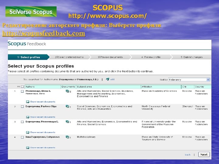 SCOPUS http: //www. scopus. com/ Редактирование авторского профиля: Выберете профили http: //scopusfeedback. com 