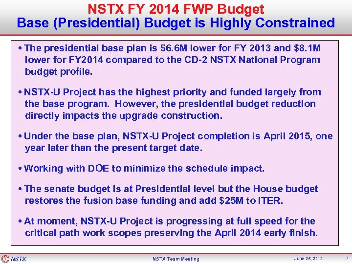 NSTX FY 2014 FWP Budget Base (Presidential) Budget is Highly Constrained • The presidential