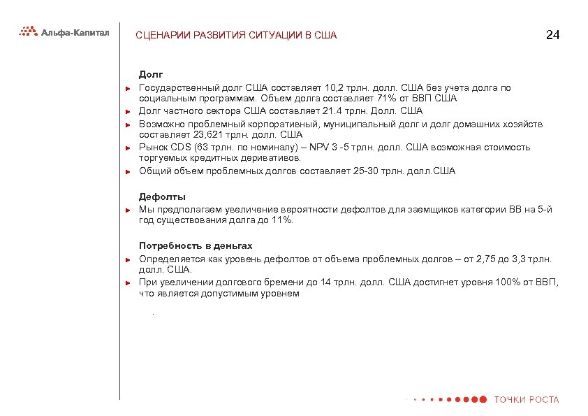 СЦЕНАРИИ РАЗВИТИЯ СИТУАЦИИ В США ► ► ► ► 24 Долг Государственный долг США