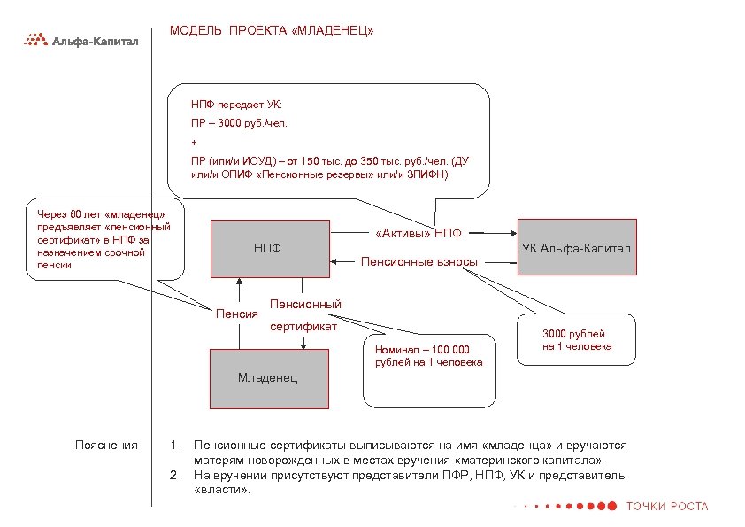МОДЕЛЬ ПРОЕКТА «МЛАДЕНЕЦ» НПФ передает УК: ПР – 3000 руб. /чел. + ПР (или/и
