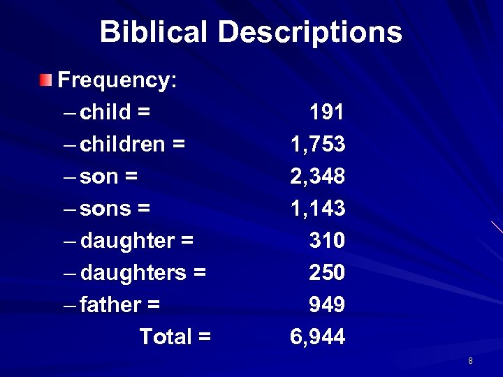 Biblical Descriptions Frequency: – child = – children = – sons = – daughters