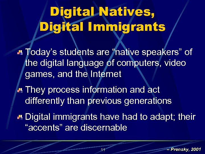 Digital Natives, Digital Immigrants Today’s students are “native speakers” of the digital language of