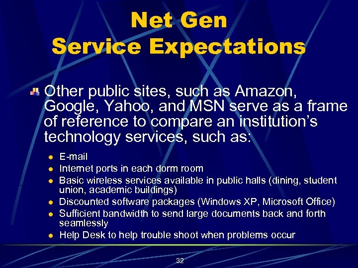 Net Gen Service Expectations Other public sites, such as Amazon, Google, Yahoo, and MSN