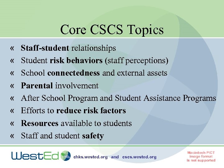 Core CSCS Topics « « « « Staff-student relationships Student risk behaviors (staff perceptions)