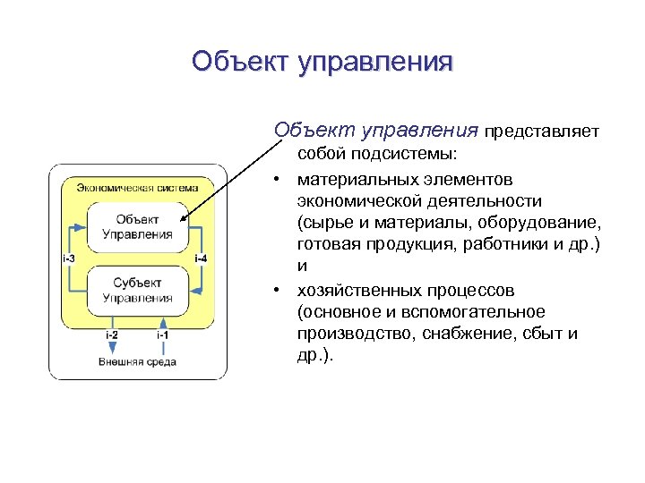 Объект управления представляет собой подсистемы: • материальных элементов экономической деятельности (сырье и материалы, оборудование,