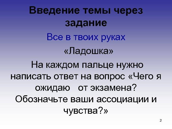 Введение темы через задание Все в твоих руках «Ладошка» На каждом пальце нужно написать