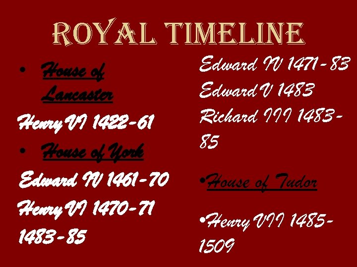 royal timeline • House of Lancaster Henry VI 1422 -61 • House of York
