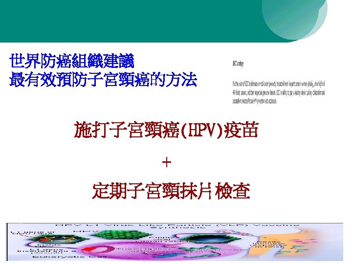 世界防癌組織建議 最有效預防子宮頸癌的方法 施打子宮頸癌(HPV)疫苗 + 定期子宮頸抹片檢查 18 