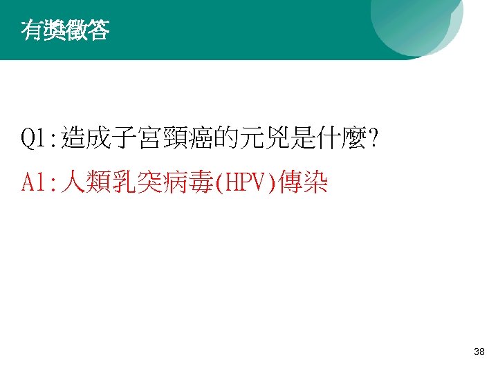 有獎徵答 Q 1: 造成子宮頸癌的元兇是什麼? A 1: 人類乳突病毒(HPV)傳染 38 
