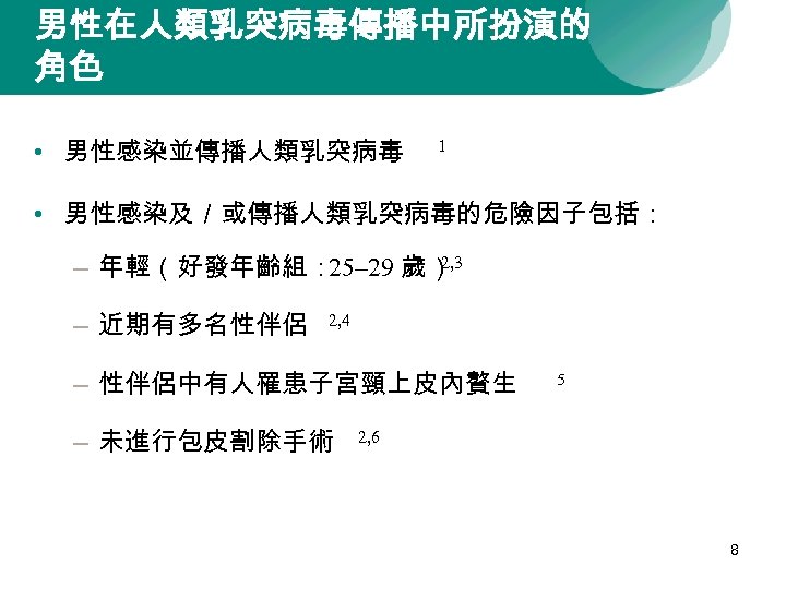 男性在人類乳突病毒傳播中所扮演的 角色 • 男性感染並傳播人類乳突病毒 1 • 男性感染及／或傳播人類乳突病毒的危險因子包括： 2, 3 – 年輕（好發年齡組： 25– 29 歲）