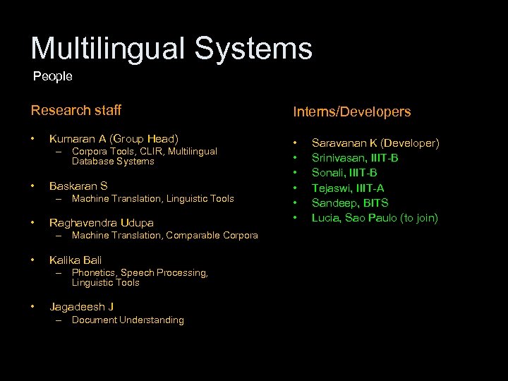 Multilingual Systems People Research staff Interns/Developers • • Kumaran A (Group Head) – Corpora