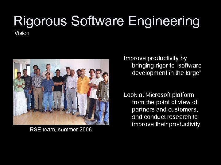 Rigorous Software Engineering Vision Improve productivity by bringing rigor to “software development in the