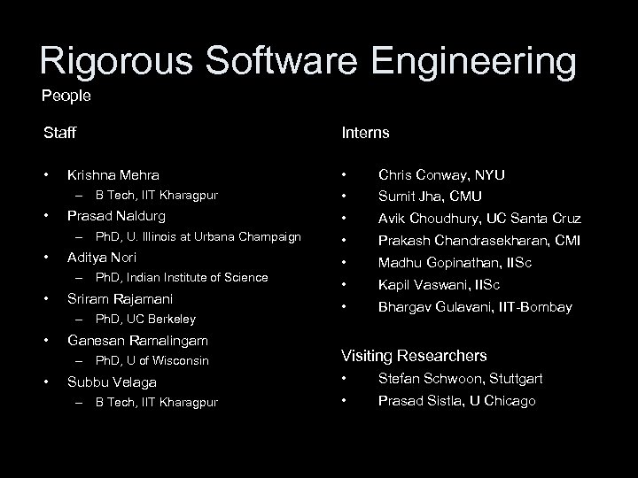 Rigorous Software Engineering People Staff Interns • • Chris Conway, NYU • Sumit Jha,