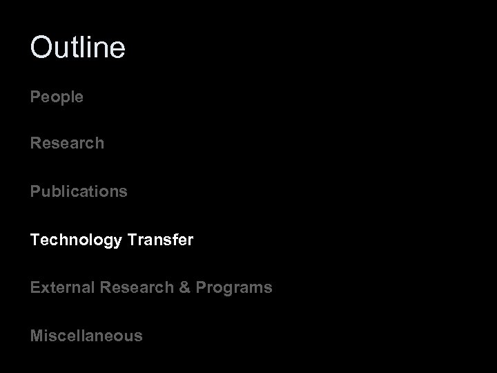 Outline People Research Publications Technology Transfer External Research & Programs Miscellaneous 