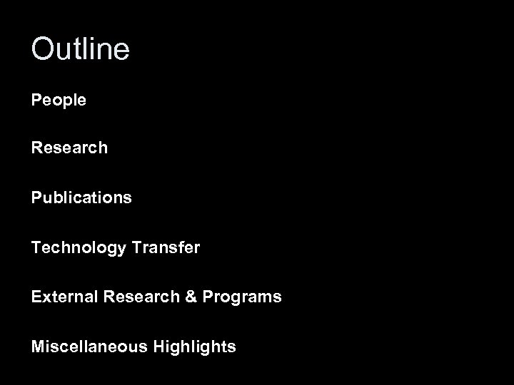 Outline People Research Publications Technology Transfer External Research & Programs Miscellaneous Highlights 