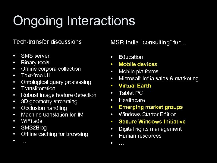 Ongoing Interactions Tech-transfer discussions MSR India “consulting” for… • • • • • •