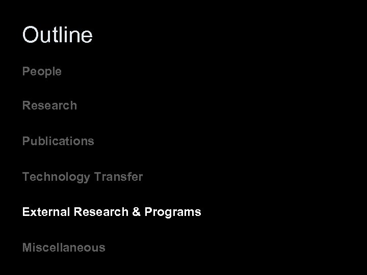 Outline People Research Publications Technology Transfer External Research & Programs Miscellaneous 