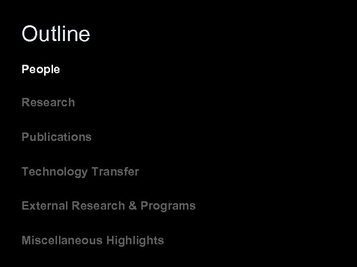 Outline People Research Publications Technology Transfer External Research & Programs Miscellaneous Highlights 